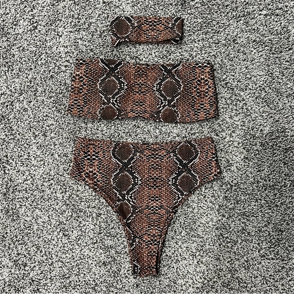 Zaful Other - Zaful Coffee Snakeskin Bandeau Top + High Cut Bottoms + Choker Bikini